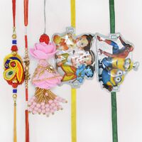 Peacock and Elephant Design 2 Brother Rakhis with Pink Lumba and Two Cartoon Kids Rakhi 