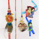 Peacock and Rudraksha 2 Brother Rakhis with Zardosi Lumba Rakhi and 2 Rakhis for Kids Total Set of 5