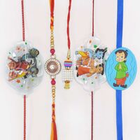 Meenakari Work Bhaiya Bhabhi Rakhis Set with 3 Chhota Bheem and Motu Patlu Kids Rakhi Set of 5
