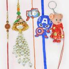 Om Sandalwood Bhai and Beaded Lumba Rakhi with 3 Cartoon Kids Rakhi for Both Girl and Boy