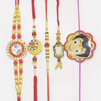 Big Stone Rudraksha and Om Brother Rakhis with Single Amazing Lumba Rakhi and Kid Rakhi Set of 5