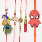 Peacock Shri Krishna and Om Attractive 3 Brother Rakhis with 1 Lumba and 1 Spiderman Kid Rakhi