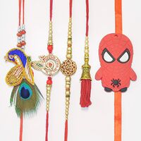 Peacock Shri Krishna and Om Attractive 3 Brother Rakhis with 1 Lumba and 1 Spiderman Kid Rakhi