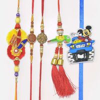 Zardosi Work and Shri Ganesha 3 Amazing Brother Rakhis with Parrot Lumba Rakhi and Mickey Mouse Rakhi Set of 5