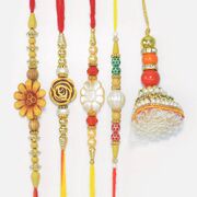 4 Different Antique Pattern Marvelous Brother Rakhis with Lumba Rakhi Set of 5