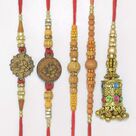 Shri Ganesha and Sandalwood 4 Brother Attractive Rakhis with Single Designer Lumba Rakhi