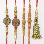 Shri Ganesha and Sandalwood 4 Brother Attractive Rakhis with Single Designer Lumba Rakhi