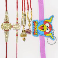 Flower and Ganesha Design 2 Brother Rakhis with Multi Liner 2 Lumba and Angry Bird Kid Rakhis Set of 5
