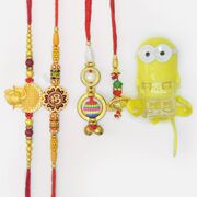 Shri Ganesha and Om Auspicious with 2 Magnificent Lumba Rakhis and Minions Kids Rakhis