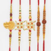 Set of 5 Auspicious Rakhis of Rudraksha Swastika and Ganesha for Brothers