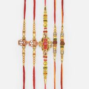 Divine Kalash Jewel and Rudraksha Auspicious and Fancy Rakhis Set for 5 Brothers