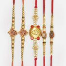 Shri Ganesha and Swastika Beads Pearls and Jewel Brother Rakhis Set of 5