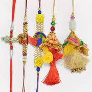Set of 4 Elegant Zardosi Rakhis of Lumba and Brother with Ganesha Rakhi