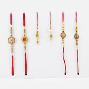 Kundan Meena Work 4 brother and 2 Beads Lumba Rakhi Set of 6