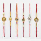 Pleasing set of 6 brother Golden and Beads Rakhis