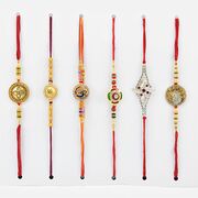 Pleasing set of 6 brother Golden and Beads Rakhis