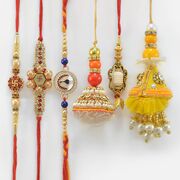 3 Rakhis Set of Swastika and Peacock Design with 3 Beaded and Zardosi Work Lumba Rakhis