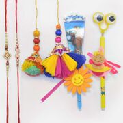 Simple Looking and Big B Pattern 2 Brother Rakhis with 2 Lumba and 2 Toy Kids Rakhis
