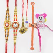Flower Desgin Jewel 2 Brother Rakhis with New 2 Lumba Rakhis and 2 Cartoon Kids Rakhis
