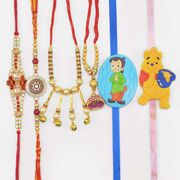 Pearl and Jewel Studded Brother Rakhis with 2 Lumba Rakhis and Cartoon Kids Rakhi of Bheem and Pooh Character