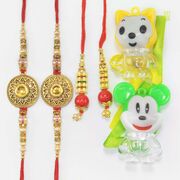 Coin Shape Flower Design 2 Brother Rakhis with 2 Red Beads Lumba Rakhi and 2 Lightening Toy Rakhis Set of 2 Family Rakhis