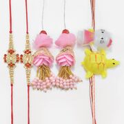 Jewel and Pearl Studded 2 Brother Rakhis with Pink Color Lumba Rakhis and Toy Kids Amazing Set of 6 Rakhis
