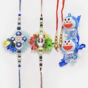 Zardosi Work Beautiful 2 Brother Rakhis with Golden Lumba Rakhis and Doremon Kids Same Rakhis Set for Family