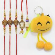 Sandalwood Type 3 Divine God Ganesha Rakhis with White Color Lumba Rakhis and Soft Toy Kid Rakhi Set of 6