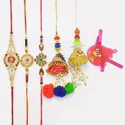 Jewels Studded And Kundan Meena Work Brother Rakhis with Zardosi Work Lumba Rakhi and Angry Bird Rakhi for Kid