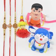 Veera Written Auspicious Kalash and Om Brother Rakhis with Single Red Lumba and 2 Bheem and Doremon Kid Rakhis
