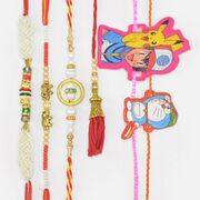 White Unique 3 Pearls Rakhis for Brother with 1 Lumba and Doremon Pikachu 2 Kids Rakhis