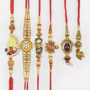 Shri Ganesha Flower Design Bro Written Tortoise 4 Different Rakhis for Brothers with 2 Unique Lumba Rakhis Set of 6
