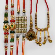 Shri Ganesha and Beads Fancy 4 Brother Attractive Rakhis with 2 Awesome Design Lumba Rakhis