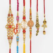 Flower Pattern Veera Written Jewel Studded 4 Antique Brother Rakhis with 2 Lumba Rakhis Set of total 6 Rakhis