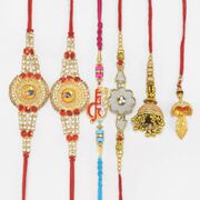 Jewels Studded Kanha and Veera Written 4 Brother Rakhis with 2 Simple Attractive Looking Lumba Rakhis Set of 6