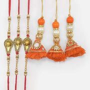 3 Auspicious Shivling Metallic Brother Rakhis with Orange Color Lumba Bhaiya Bhabhi Sets