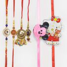 Om Written Peacock Design 2 Brother Rakhis with Unique Bhabhi Rakhis and Cartoon Kids Rakhis Set of 6