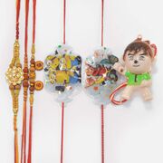Sandalwood Special Rudraksha and Om 3 Brother Rakhis with 3 Cartoon and Toy Kids Rakhis