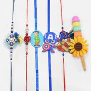 Zardosi Work Flower Design 3 Brother Rakhis with Chhota Bheem and Captain America Type 3 Kids Rakhi Total 6 Set of Rakhis
