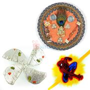 Kaju Gujia Pooja Thali and Spidermen Kids Rakhi for Gift