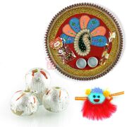 Pooja Thali with Kids Rakhi and Sweets Rakhi Gift Hamper
