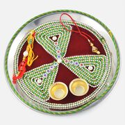 Green Dori Tri Floral Pearl Designer Rakhi Pooja Thali