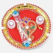 Centered Pearl Flower with Intricate Border Work Rakhi Pooja Thali