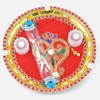 Centered Pearl Flower with Intricate Border Work Rakhi Pooja Thali