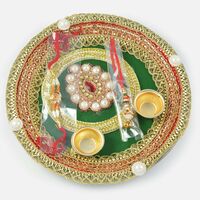 Centered Red Kundan and Pearl Rakhi Pooja Thali