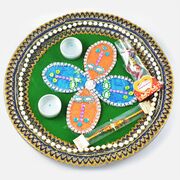 Green Base Kundan Worked Gota Border Rakhi Pooja Thali
