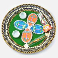 Green Base Kundan Worked Gota Border Rakhi Pooja Thali