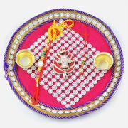 Golden Ganesha with Silver Embriodery Rakhi Pooja Thali