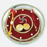 Kundan Swastik with Gota Border Rakhi Pooja Thali