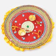 White Pearls with Centred Green Kundan Rakhi Pooja Thali